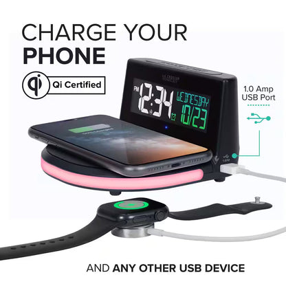 Qi-Certified Wireless Charging Alarm Clock with Glowing Light Base