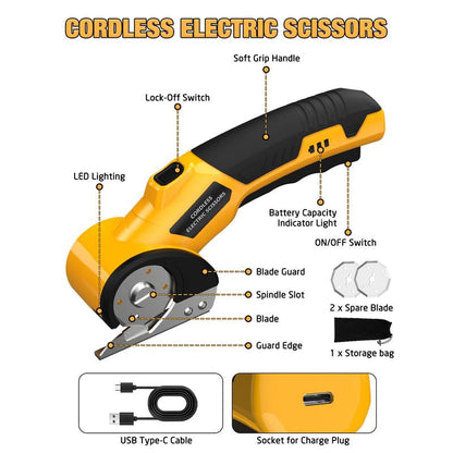 Zeleki Cordless Electric Scissors 4V – Rechargeable Heavy Duty Cutter with Safety Lock, LED Light, Long Battery Life & 2 Extra Blades | Easy-To-Use Wireless Shears for Cardboard,  Packaging Yellow with Storage Bag