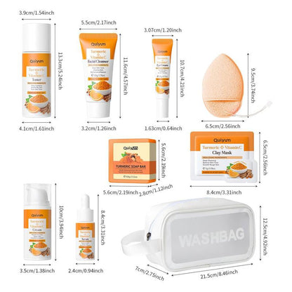 Hydrating Turmeric Skin Care Moisture Set, 1 Set Facial Cleanser & Toner & Serum & Eye Cream & Face Moisturizer & Soap & Makeup Bag & 12Pcs Mud Mask, Moisturizing Skin Care Kit for Women, Hydrate Skin Care Products, Glow Kit, Skin Care Sets