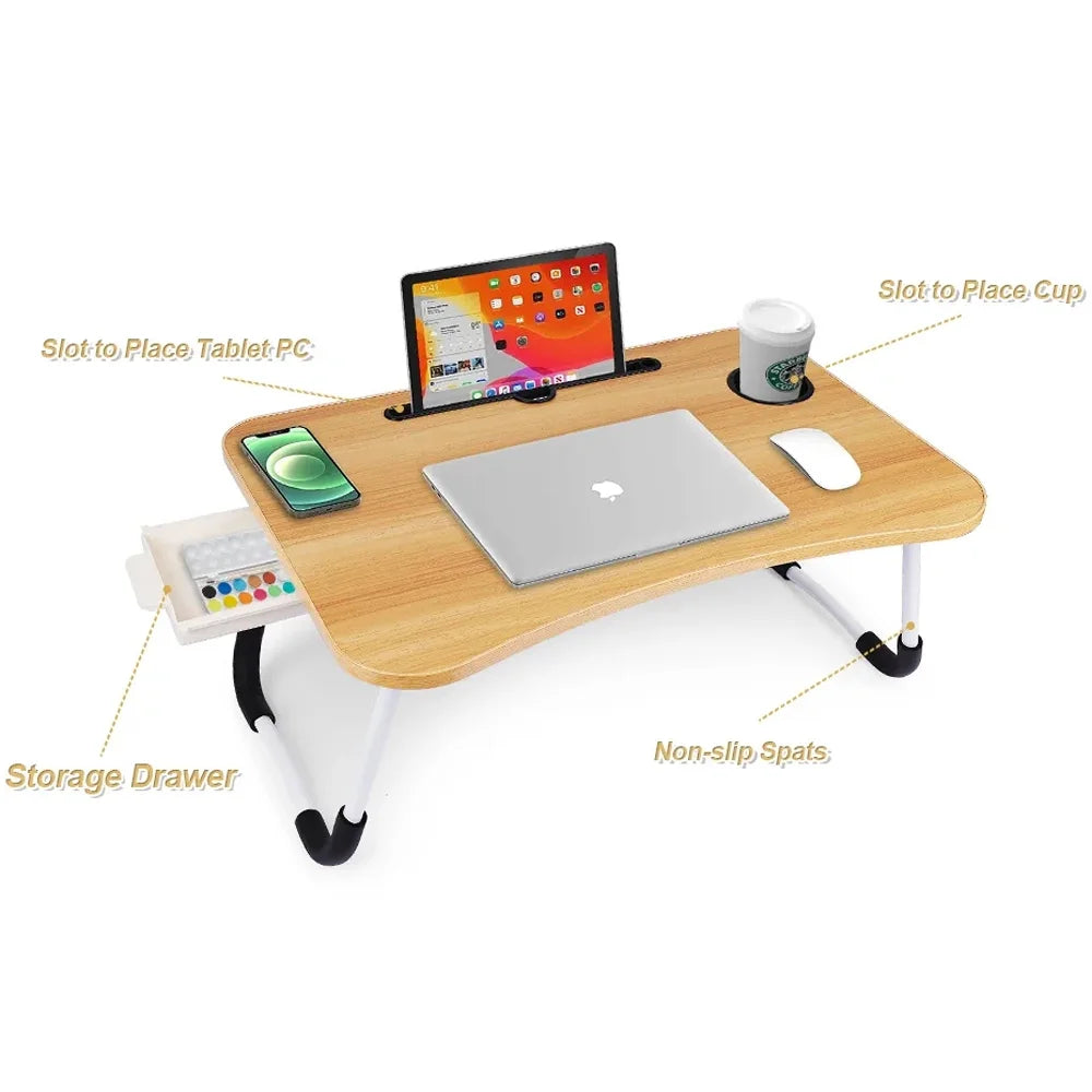 PHANCIR Escritorio Plegable Para Regazo, Mesa Portátil De Madera Para Laptop De 23.6 Pulgadas, Organizador De Oficina Para Espacio De Trabajo, Bandeja Para Cama Y Sofá Con Ranuras/Portavasos/Cajón, Antideslizante Para Leer Escribir Comer Ver, Nogal