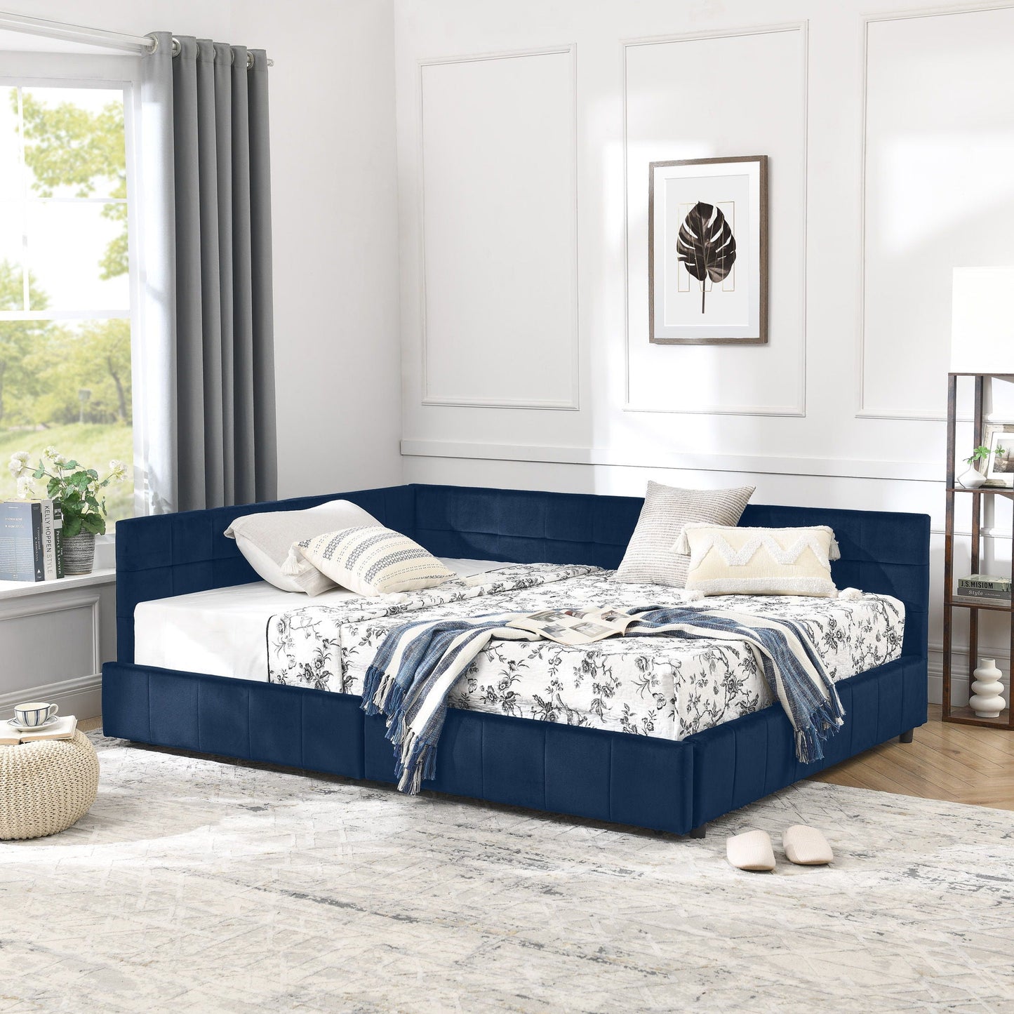 Mid-Century Storage Upholstered Tufted Bed Frame With Backrest And Armrests