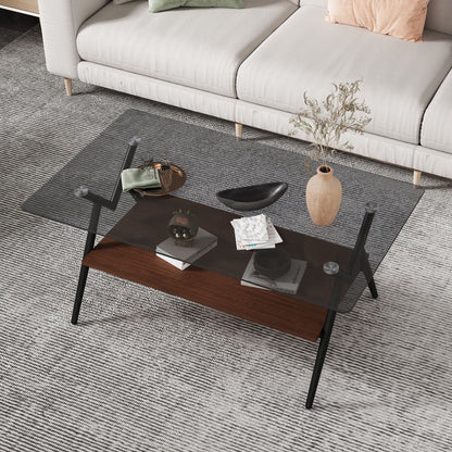 Rectangle Coffee Table With Tempered Glass Top And Shelf, Modern Table For Living Room