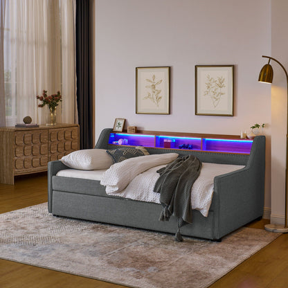 Upholstered Sofa Bed With LED Lights, Storage Headboard, Foldable Trundle & Wireless Charging