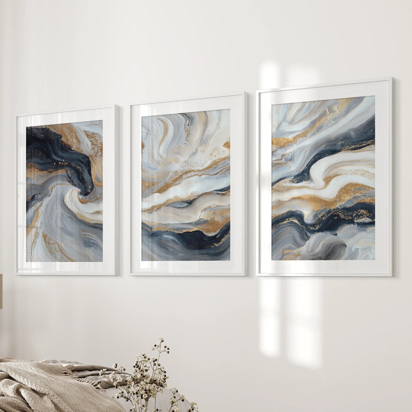 3 Piece Modern Abstract Marble Wall Art: Navy Blue and Gold