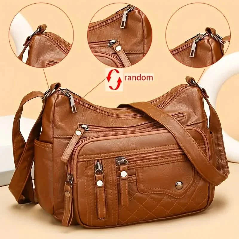 Fashion Multi Zipper Crossbody Bag, Soft Vegan Leather Shoulder Bag, Women's Multi Pockets Handbag Purse