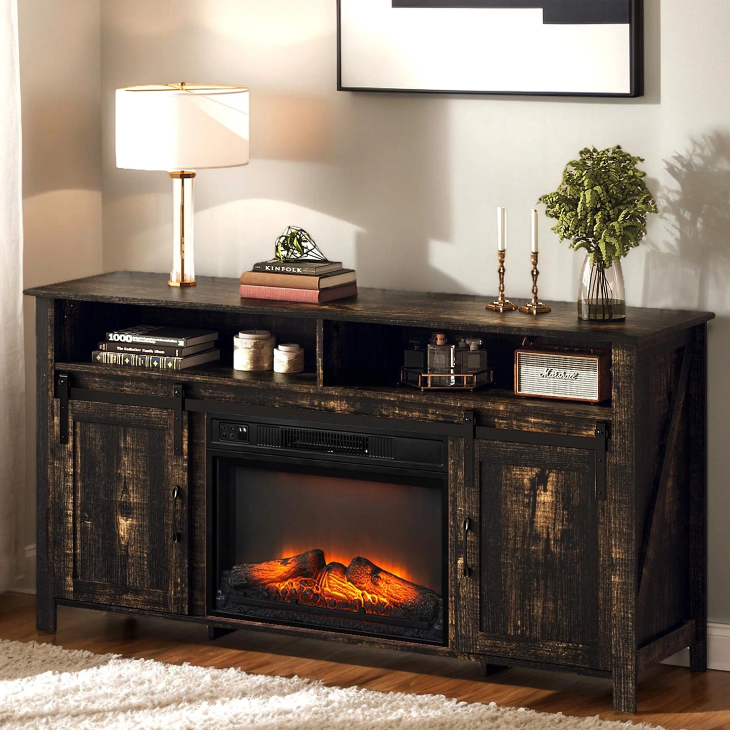 Fireplace TV Stand for 65 Inch TV, TV Console with 23''Electric Fireplace, Console Entertainment Center Television Table for Living Room or Bedroom, Black
