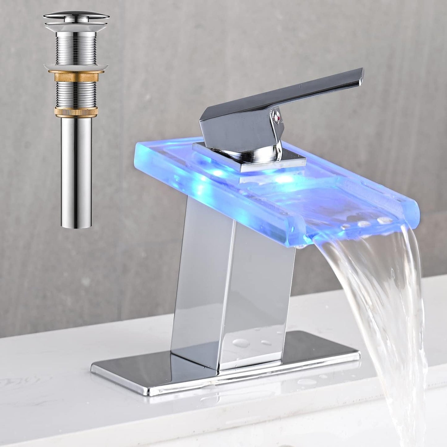 AVSIILE LED Bathroom Sink Faucet, Matte Black Waterfall Single Hole Handle Vanity Faucets for Sinks 1 Hole with Metal Pop up Drain and 2 Water Supply Lines, Open Glass Spout