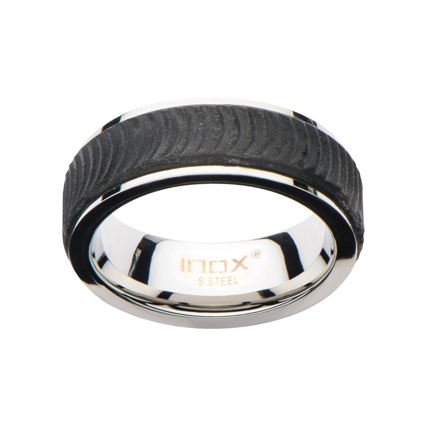 Mens Center Solid Carbon Fiber Ridged Stainless Steel Ring