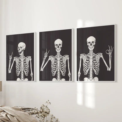 Halloween Skeleton Wall Art Set. 3 Piece Black Gothic Prints