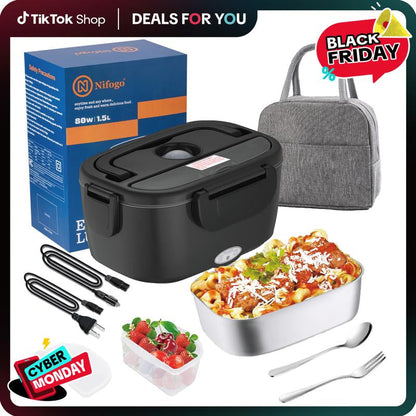 Electric Lunch Box Food Heater 80W，12V/24V/110V Self Heating Lunchboxfor Work/Car/Truck with Insulated Bag，1.5/1.8L,Dealsforyoudays