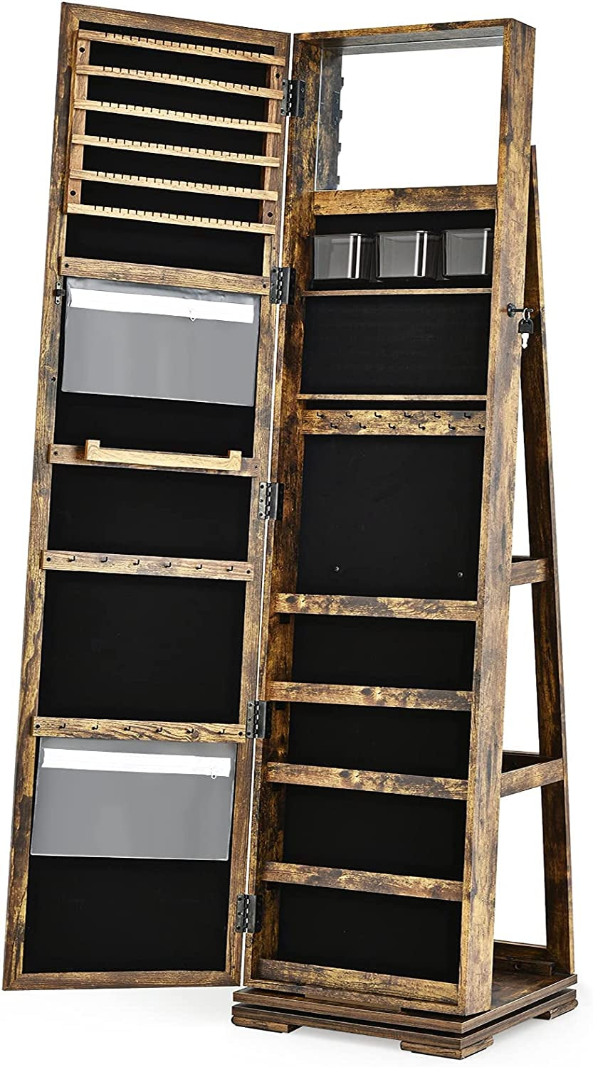 Elegant 360° Swivel Jewelry Armoire with Full-Length Mirror - Lockable Cabinet Organizer with Ample Storage, Makeup Mirror & Back Shelves (Rustic Brown)