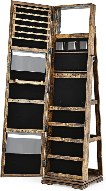 Elegant 360° Swivel Jewelry Armoire with Full-Length Mirror - Lockable Cabinet Organizer with Ample Storage, Makeup Mirror & Back Shelves (Rustic Brown)