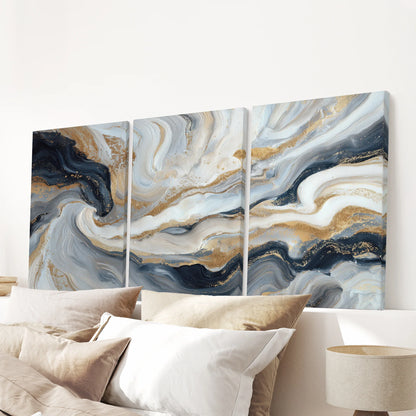 3 Piece Modern Abstract Marble Wall Art: Navy Blue and Gold
