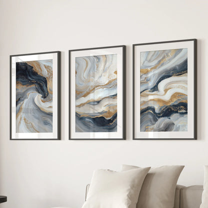 3 Piece Modern Abstract Marble Wall Art: Navy Blue and Gold