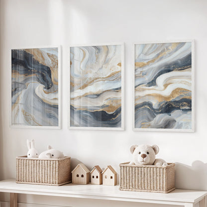 3 Piece Modern Abstract Marble Wall Art: Navy Blue and Gold