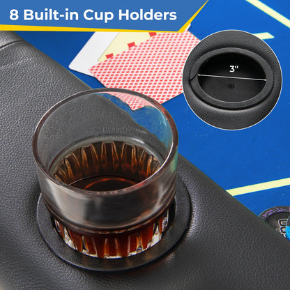 72 x 36 x 30.5 Inch Foldable Poker Table with 8 Cup Holders-Blue