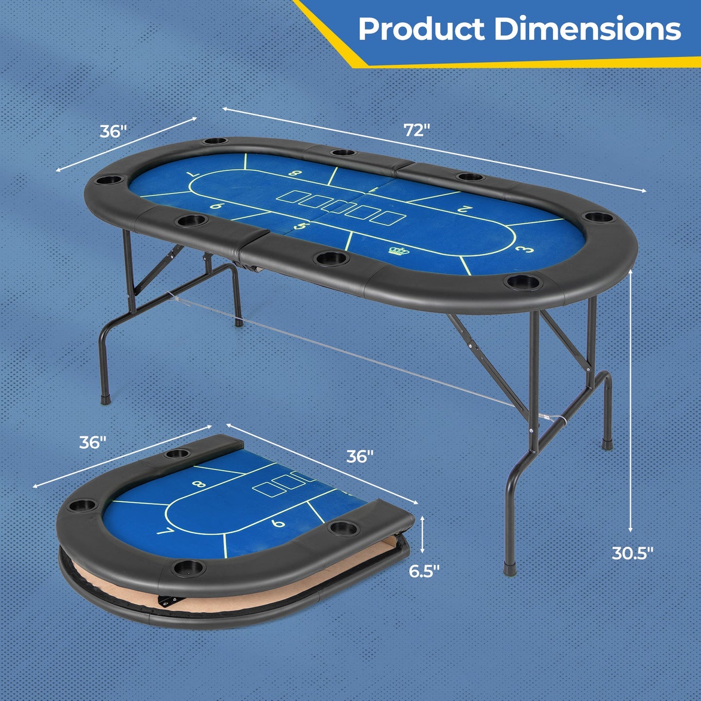 72 x 36 x 30.5 Inch Foldable Poker Table with 8 Cup Holders-Blue