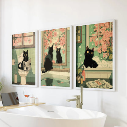 Funny Bathroom Poster. Japan Cat Pooping Wall Art Set of 3