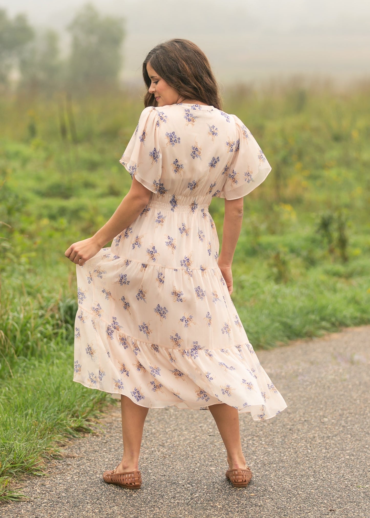 Gina Pink Floral Short Sleeve Tiered Midi Dress
