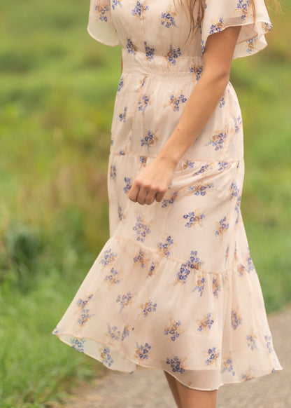 Gina Pink Floral Short Sleeve Tiered Midi Dress