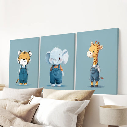 Safari Nursery Wall Art Set of 3. Baby Elephant, Giraffe, Tiger