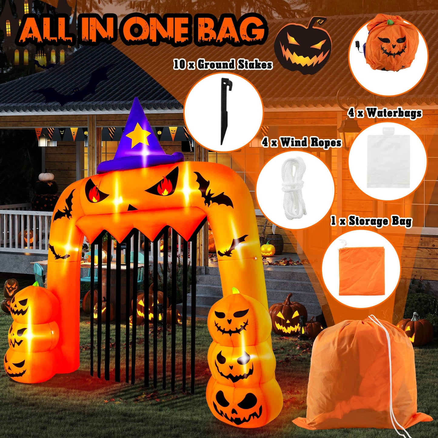 Halloween Inflatable Pumpkin Archway with Stakes and Water Bags