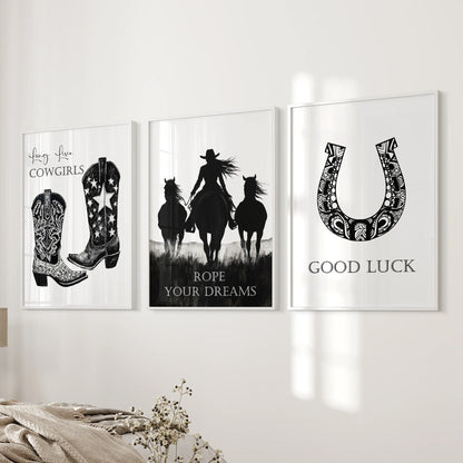 Black White Western Cowgirl 3 Piece Art. Boots, Horseshoe