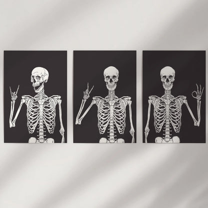 Halloween Skeleton Wall Art Set. 3 Piece Black Gothic Prints