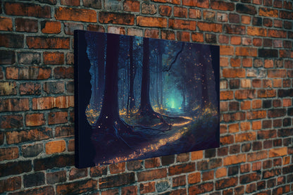 Fireflies light up a mystical fantasy forest at night, framed canvas art, framed print