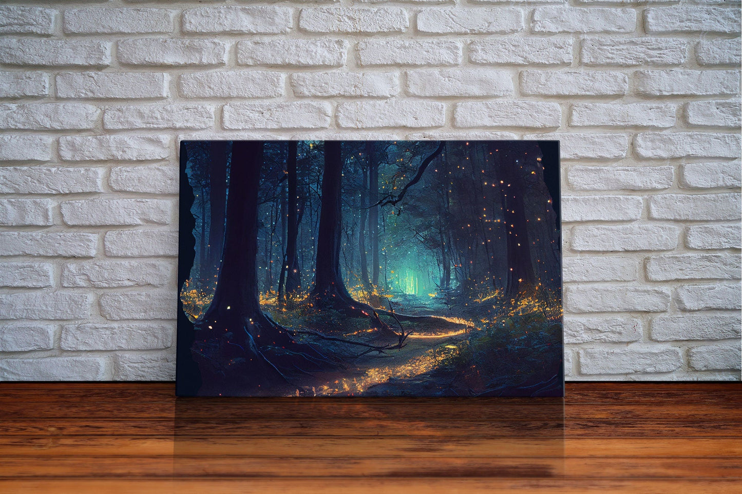 Fireflies light up a mystical fantasy forest at night, framed canvas art, framed print