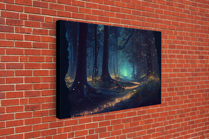 Fireflies light up a mystical fantasy forest at night, framed canvas art, framed print