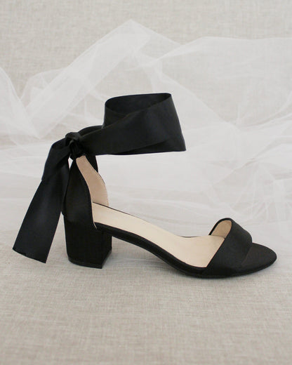 Satin Girls Block Heel Sandal with Wrapped Ribbon Tie