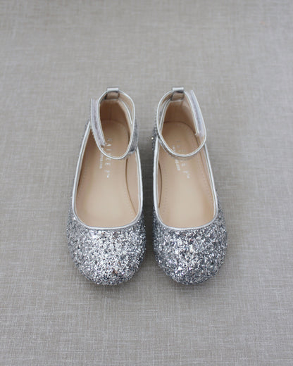 Rock Glitter Ballet Flats With Velcro Ankle Strap