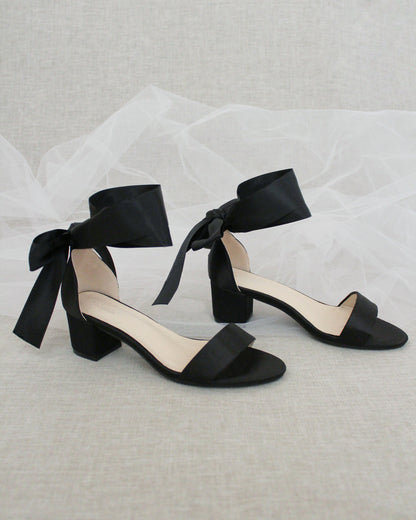 Satin Girls Block Heel Sandal with Wrapped Ribbon Tie
