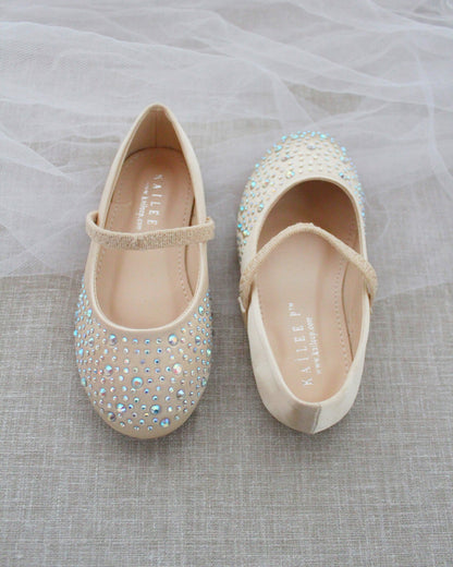 Satin Mary Jane Flats with Rhinestones Embellishment