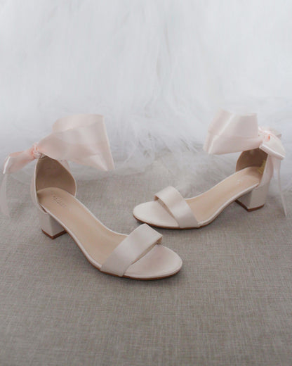 Satin Girls Block Heel Sandal with Wrapped Ribbon Tie
