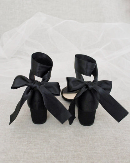 Satin Girls Block Heel Sandal with Wrapped Ribbon Tie