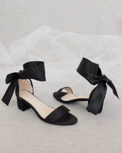 Satin Girls Block Heel Sandal with Wrapped Ribbon Tie
