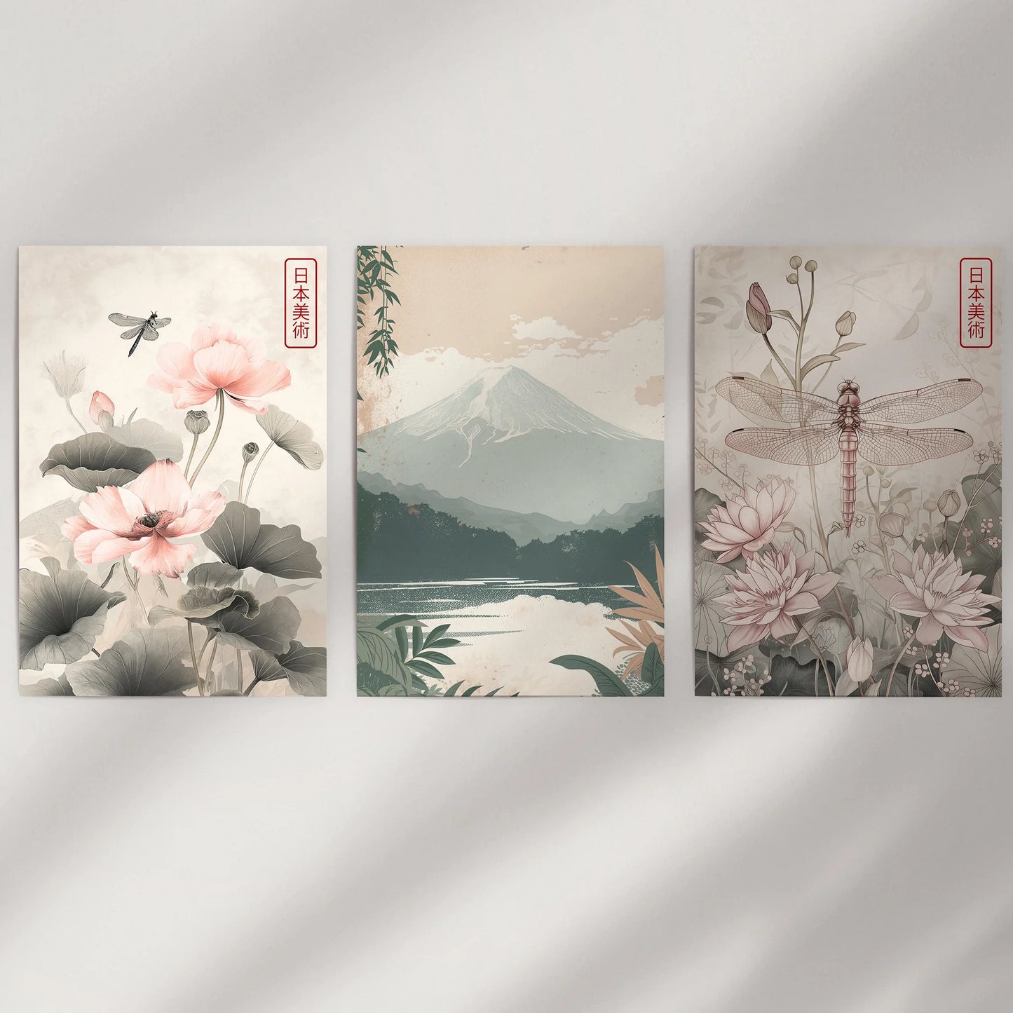 Japandi Style Set of 3 Wall Art. Floral and Mountain Prints