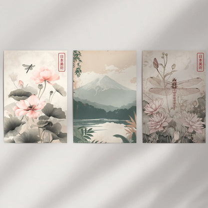 Japandi Style Set of 3 Wall Art. Floral and Mountain Prints