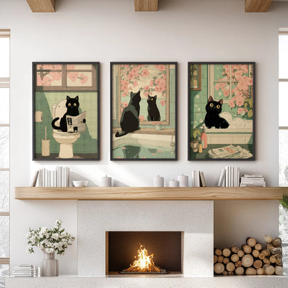 Funny Bathroom Poster. Japan Cat Pooping Wall Art Set of 3