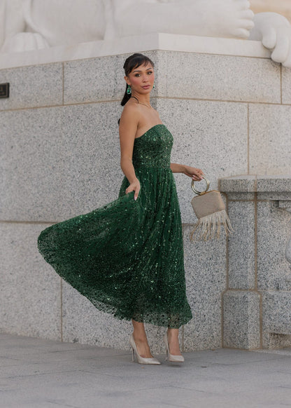 Elphie Strapless Sequin Corset Midi Dress - Green