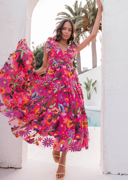 Hibiscus Sleeveless Empire Waist Midi Dress