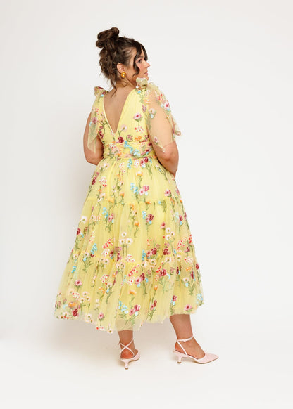 Margaret Floral Embroidered Midi Dress Yellow