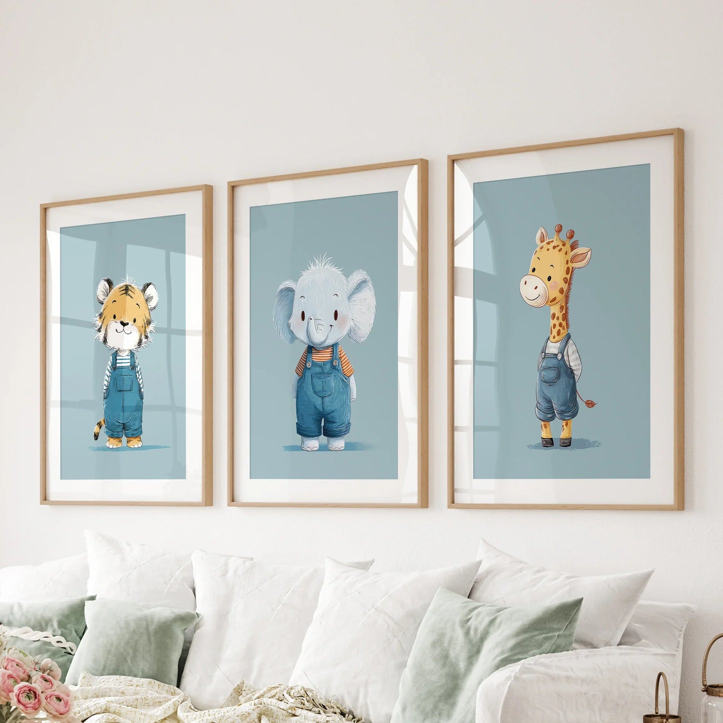 Safari Nursery Wall Art Set of 3. Baby Elephant, Giraffe, Tiger