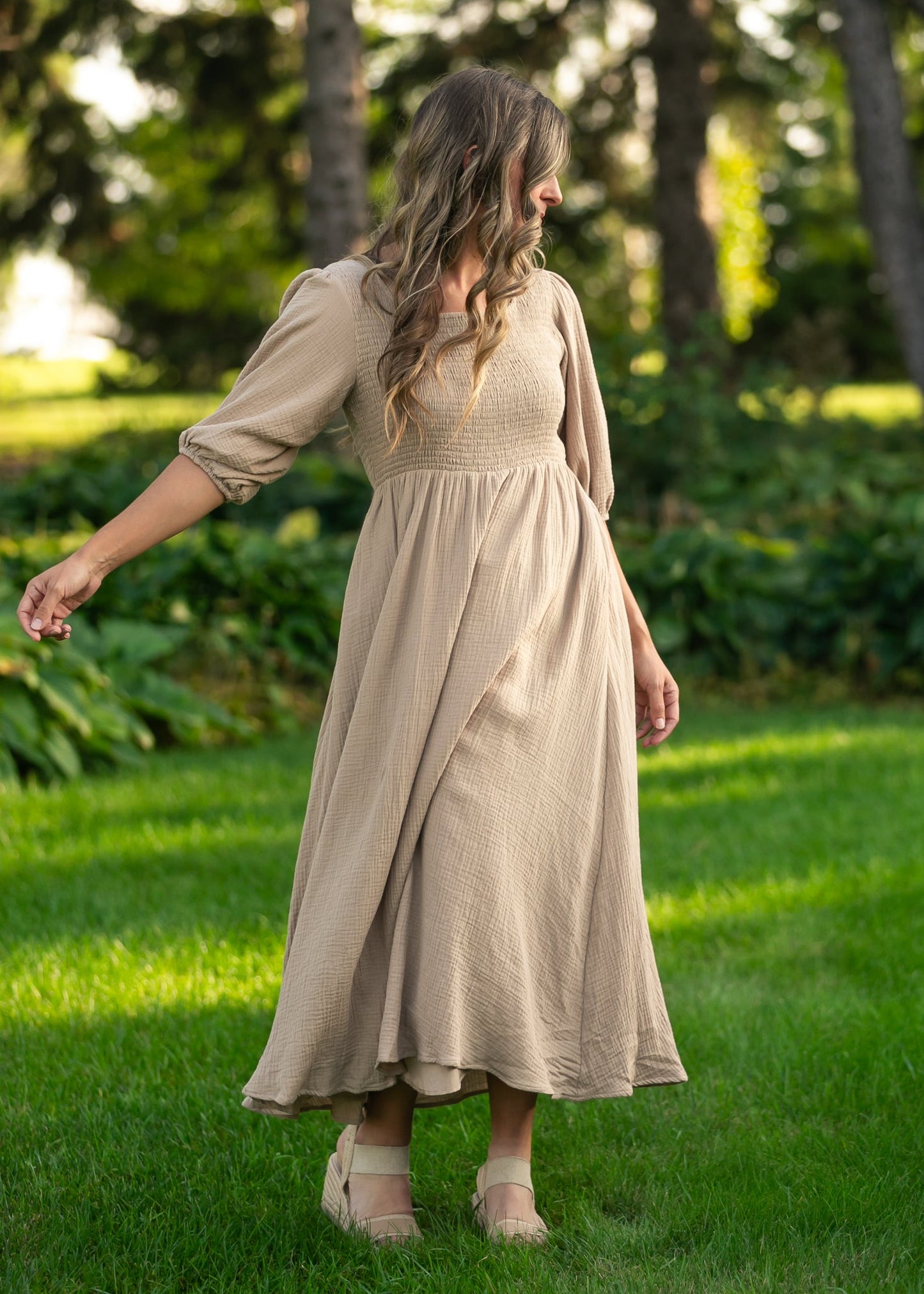 Kayleen Tan Smocked Bodice Gauze Dress