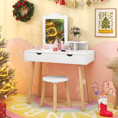 Kid Vanity Table Chair Set with Mirror and 2 Large Storage Drawers-White