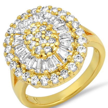 Ladies 18k Gold Plated Brass Oval Simulated Round/Baguettes Diamond Ring