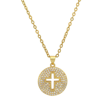 Ladies 18k White Gold/Gold Plated Brass Simulated Diamonds Round Cross Pendant