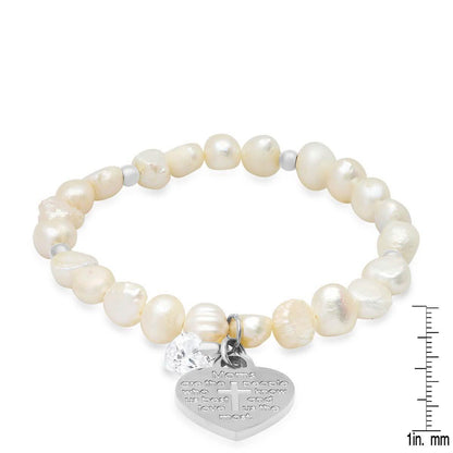 Ladies Freshwater Pearls Heart Charm Swarovski Crystal Beaded Bracelet